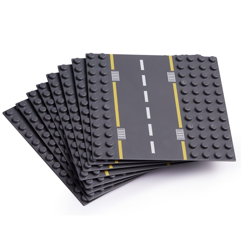 Apostrophe Games Large Building Blocks Road Base Plates Compatible with Large Building Blocks â€“ 8Pcs Straight and Curved Road Construction Blocks â€“ 7.5 x 7.5 Inch Street Baseplates, STEM Learning - Image 1